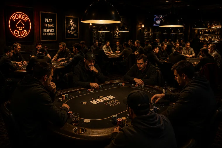A busy poker club floor with several full tables playing under low lights
