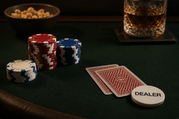 Poker chips, cards and a dealer button on a green felt table at a home game