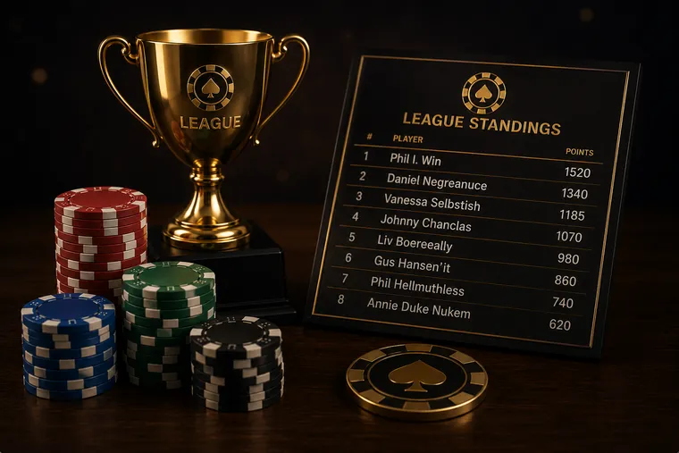 A gold league trophy beside a league standings board and stacks of poker chips