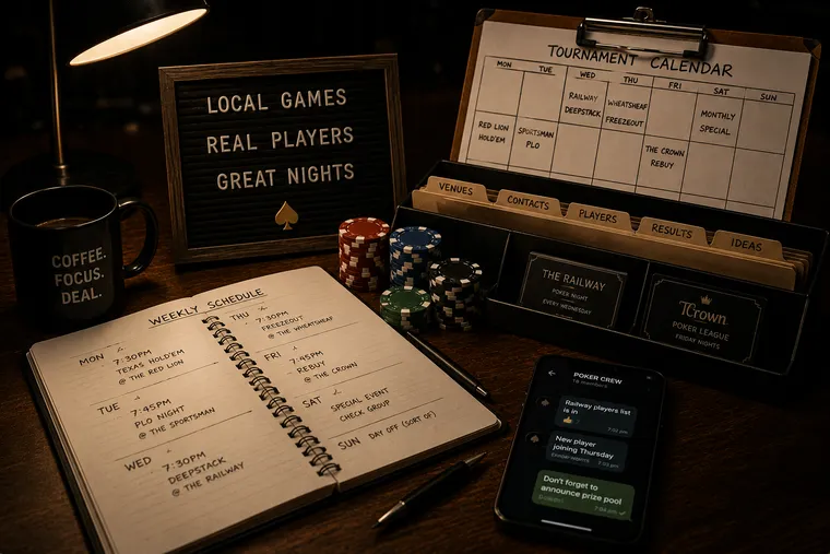 A tournament calendar, weekly schedule notebook and poker chips on a busy TD's desk