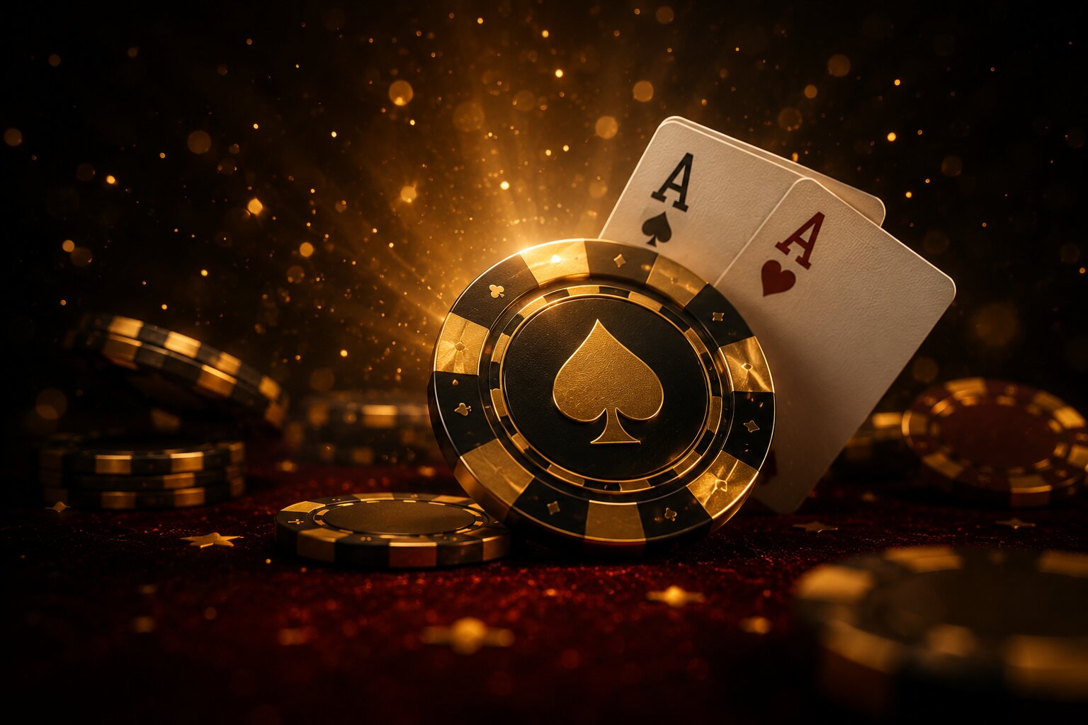 Two aces leaning against a gold spade poker chip amid scattered chips on red felt