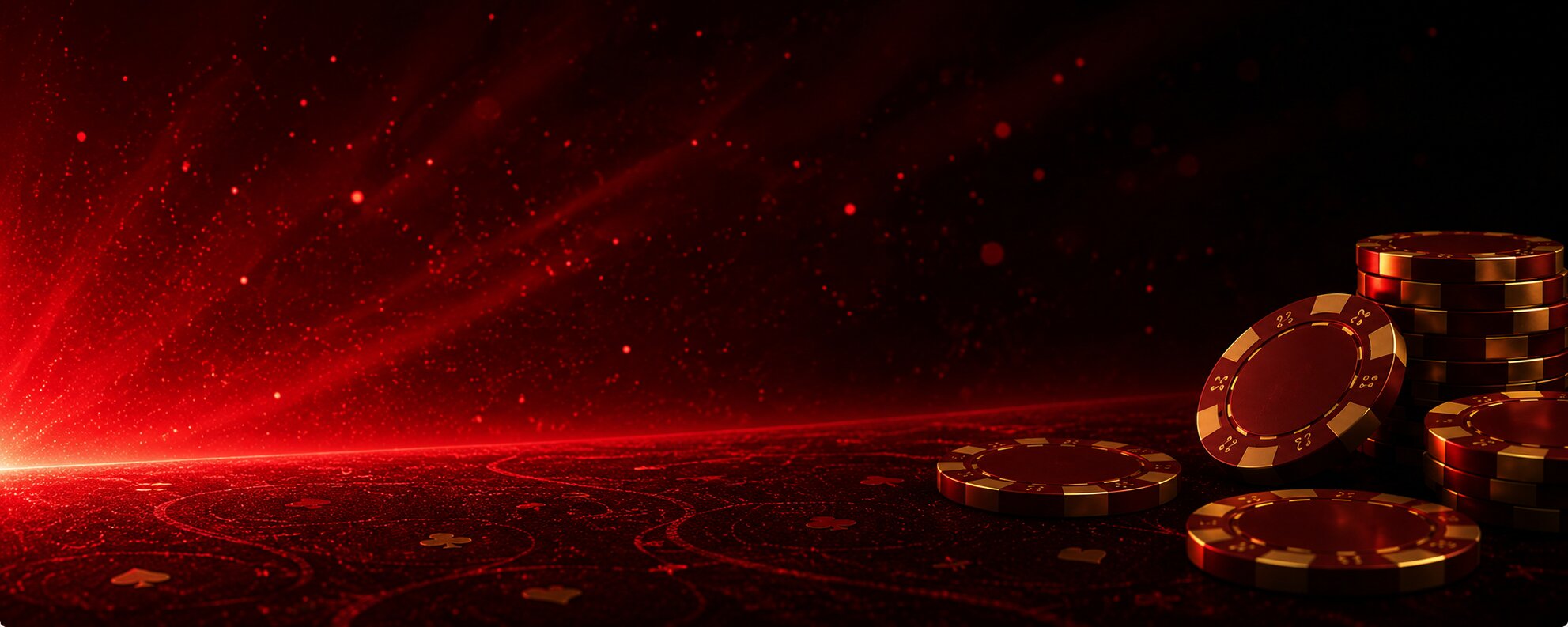Cinematic golden horizon glow over a dark poker table with chips