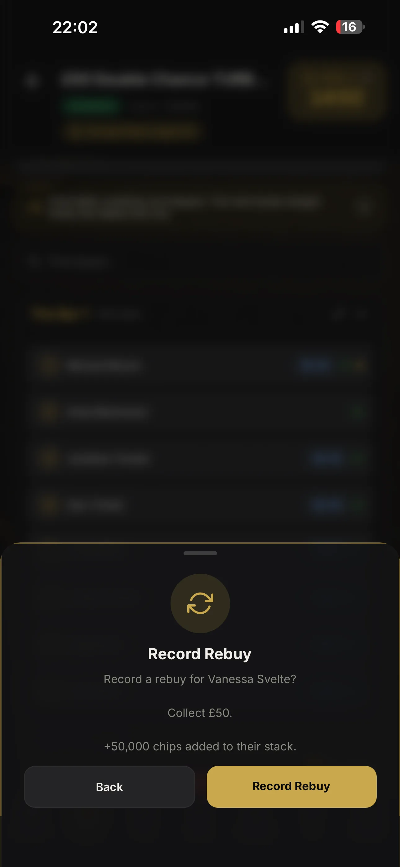 Rebuys recorded in a tap: cash collected, chips added