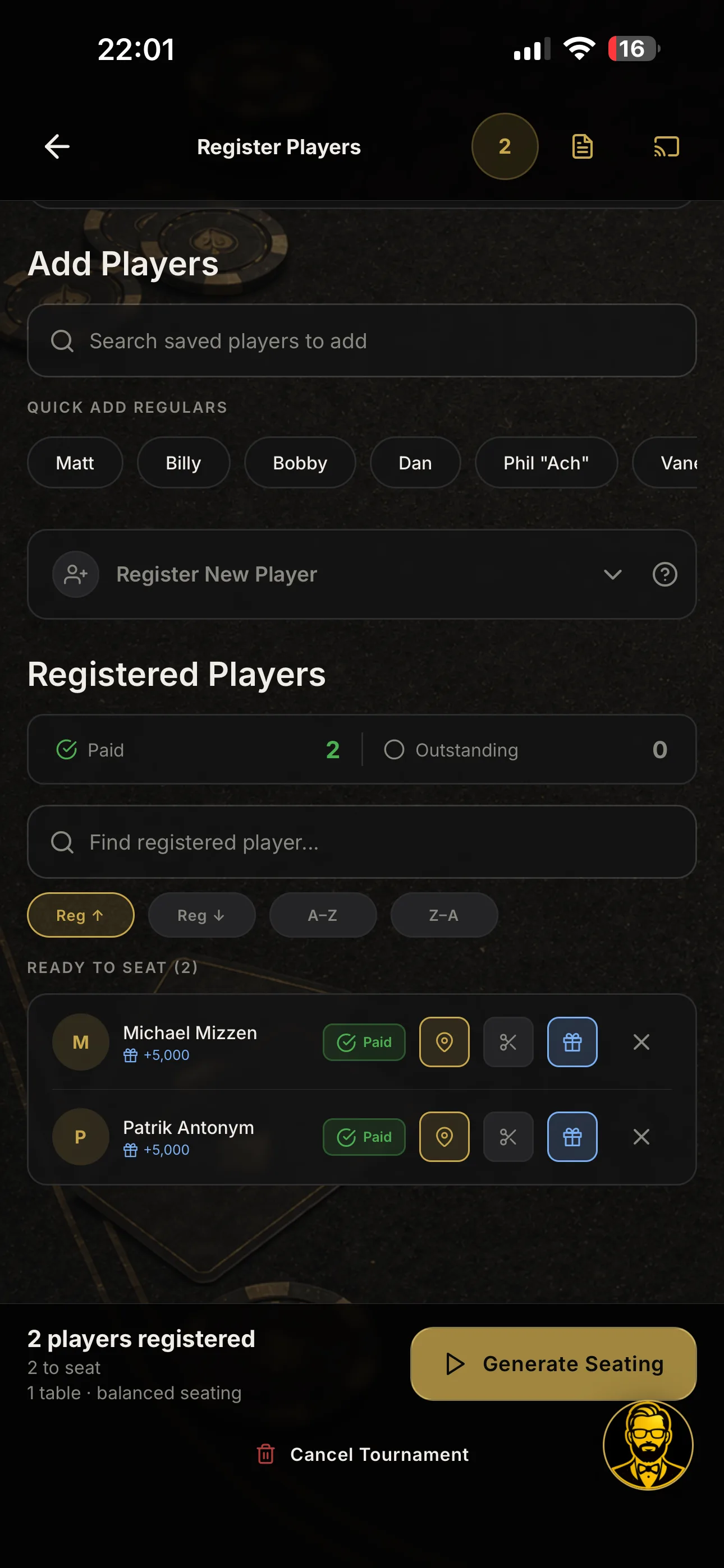 Registration: quick-add regulars, payments tracked as you go