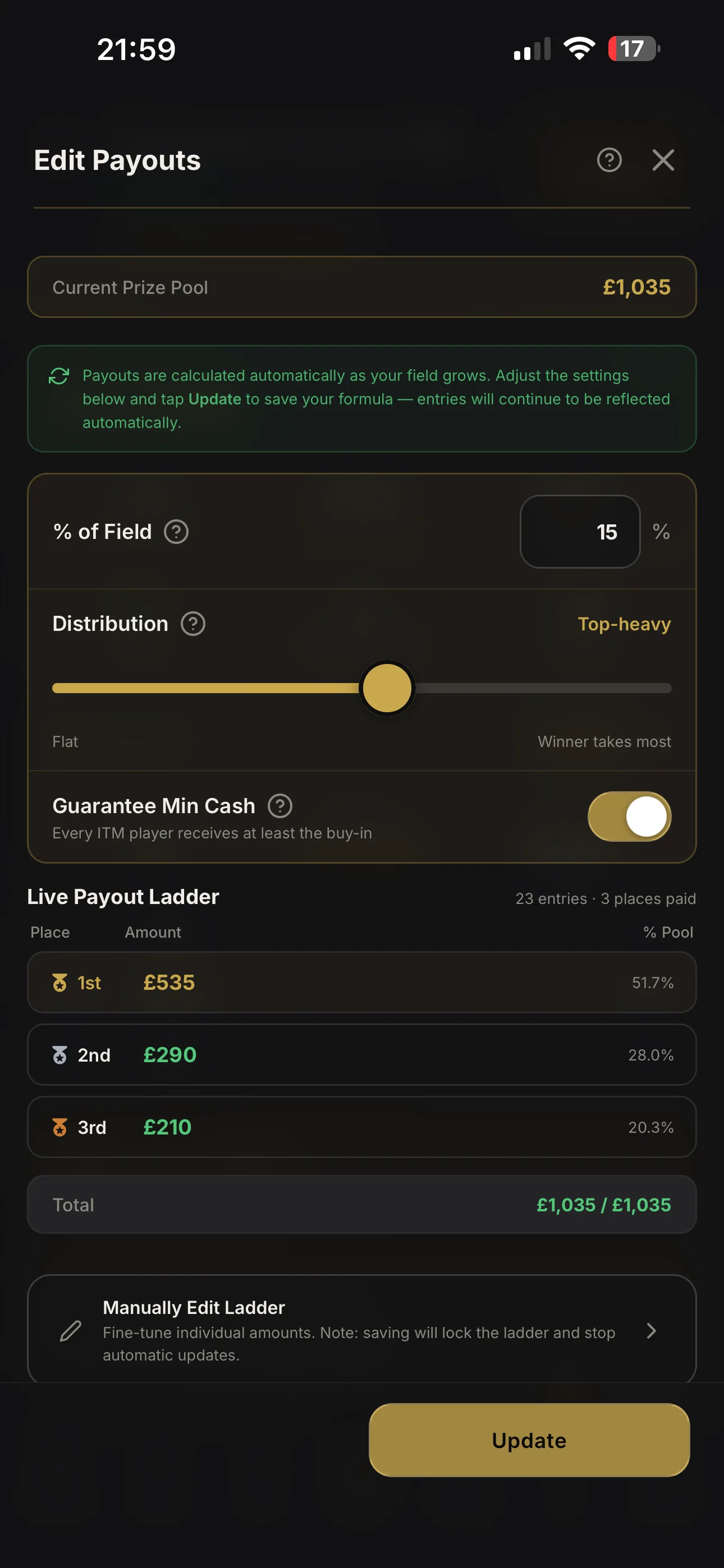 Payouts that recalculate live as the field grows