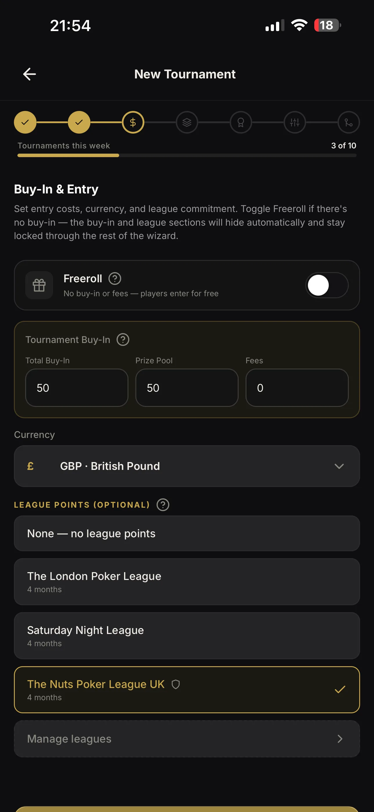 Guided setup: buy-ins, prize pool and league points in one pass