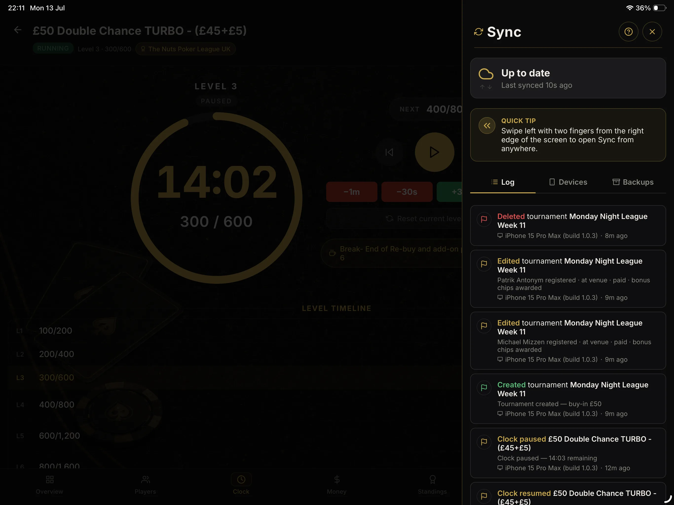 The same tournament on iPad, with who did what from which device