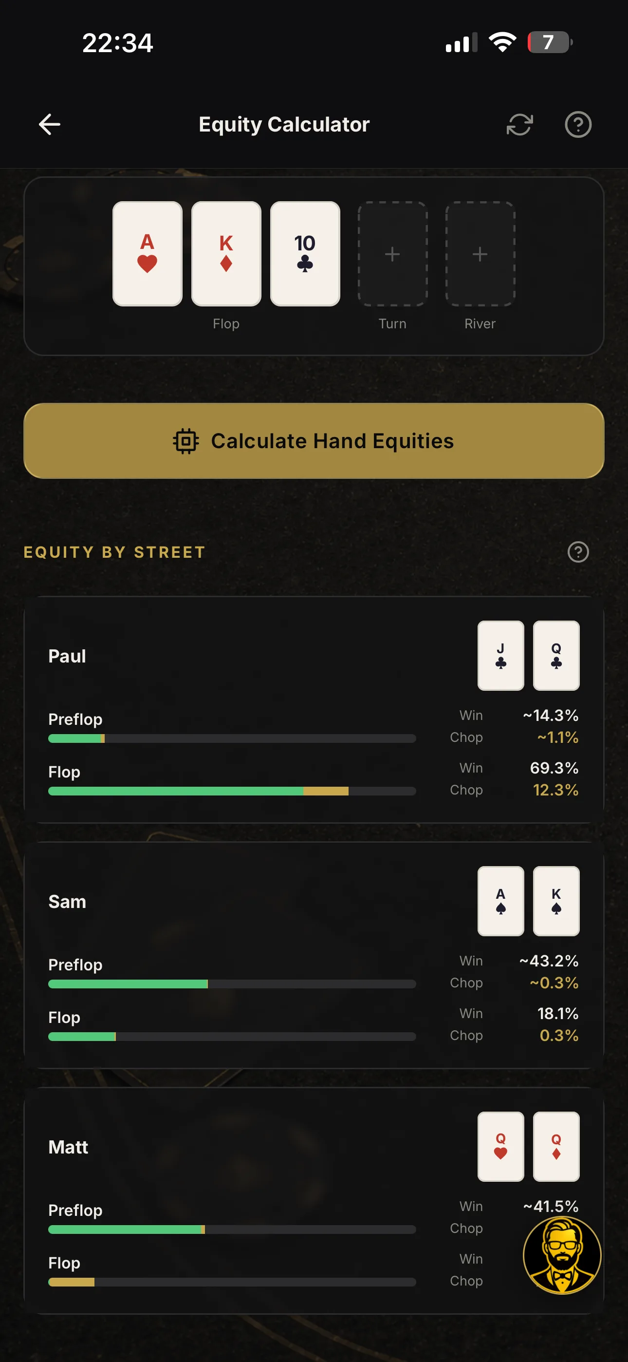 Hand equities street by street, right at the table