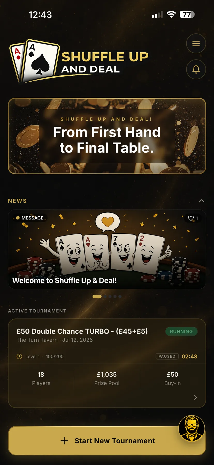 Shuffle Up and Deal home dashboard on an iPhone