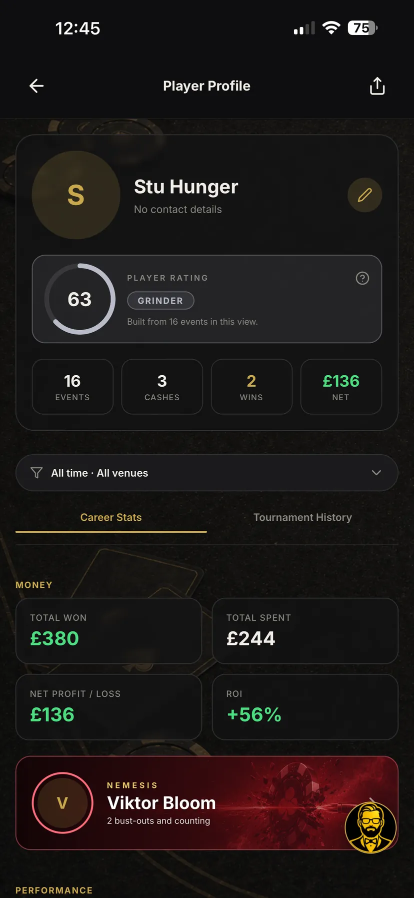 Player profile with statistics