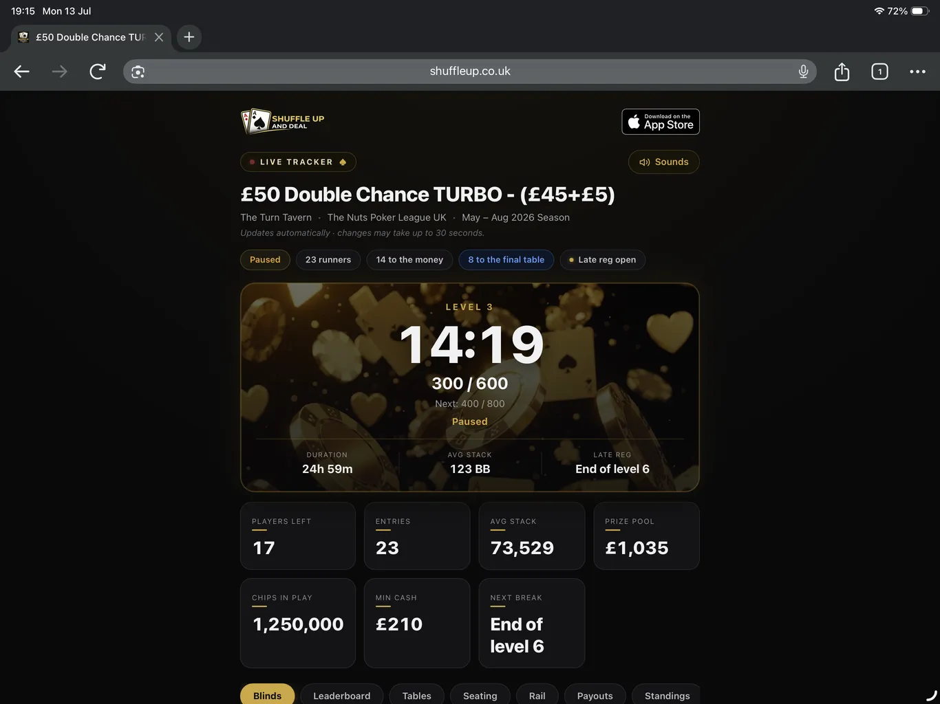 Live share page on iPad: tournament clock and key stats