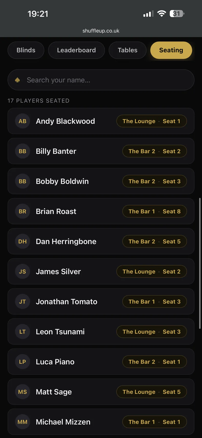 Live share page on iPhone: searchable seating chart