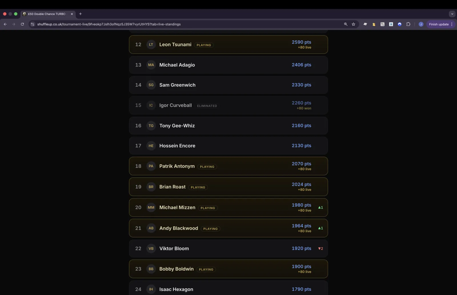 Live share page on a laptop: league standings with live points