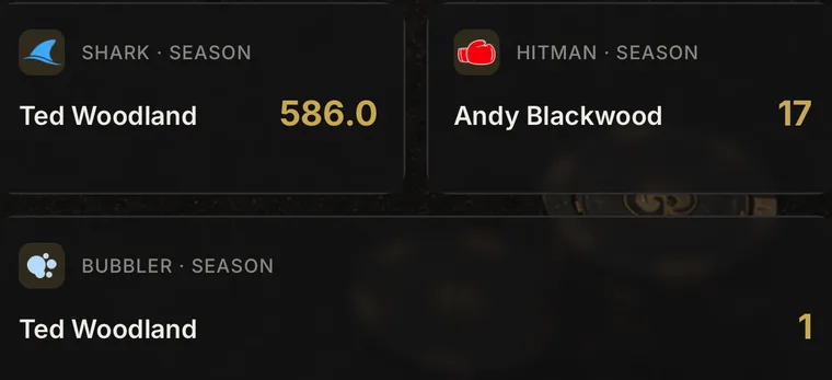 Season accolades in the app: Shark, Hitman and Bubbler badges
