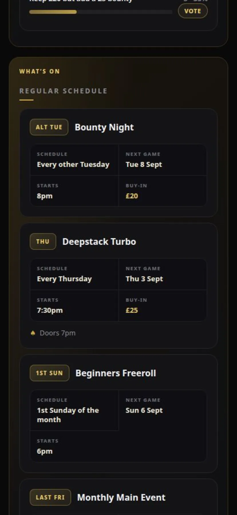 Venue webpage on iPhone: the weekly schedule with next game dates