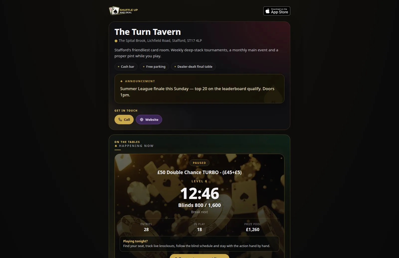Venue webpage on a laptop: the venue's masthead, announcement and contact links